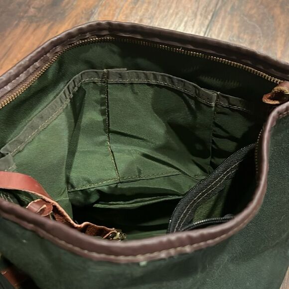 VTG made in USA Canvas Back shoulder bag green canvas brown leather trim EUC - Picture 9 of 16